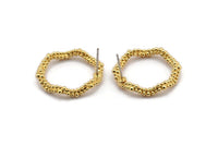Gold Circle Earring, 2 Gold Plated Brass Wavy Circle Stud Earrings (24x3mm) N1696