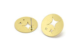 Brass Round Earring, 8 Raw Brass Star Patterned Round Shaped Stud Earrings (18x0.80mm) A2785