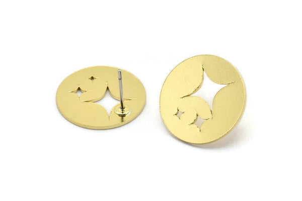 Brass Round Earring, 8 Raw Brass Star Patterned Round Shaped Stud Earrings (18x0.80mm) A2785