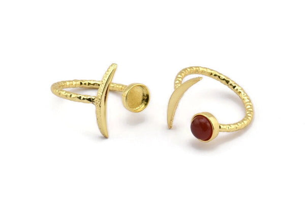 Gold Ring Settings, 2 Gold Plated Brass Moon And Planet Ring With 1 Stone Setting - Pad Size 6mm V136 Q0949