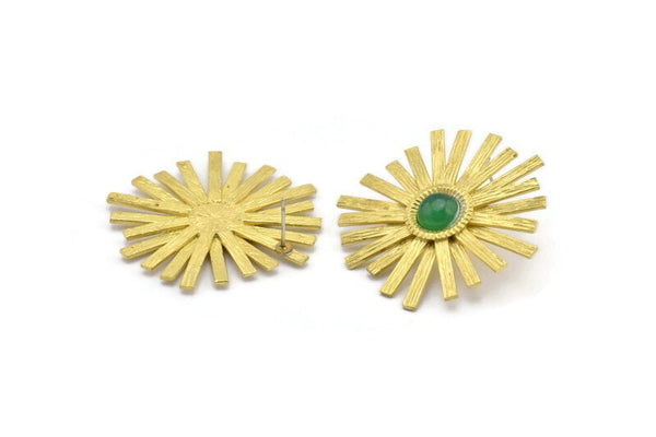 Brass Sun Earring, 2 Raw Brass Sunshine Stud Earrings - Pad Size 8mm N0708