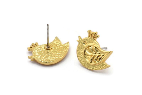 Gold Bird Earring, 2 Gold Plated Brass Bird Stud Earrings (15x20x2.5mm) N1707
