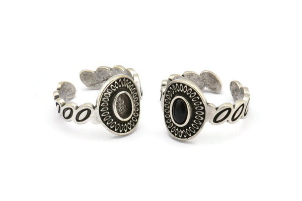 Silver Royal Ring, 2 Antique Silver Plated Brass Royal Rings With 1 Stone Settings - Pad Size 4x6mm N2005 H1444