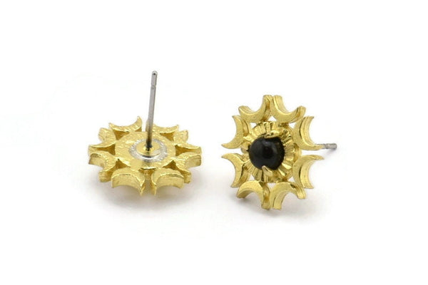 Brass Moon Earring, 4 Raw Brass 3 Claw Crescent Moon Stud Earrings - Pad Size 4mm (13mm) N1327