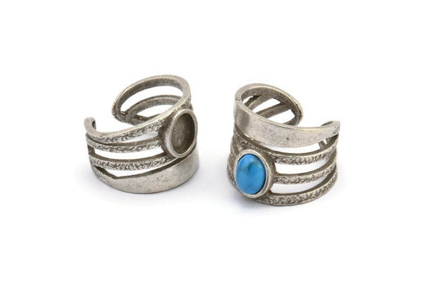 Silver Ring Setting, Antique Silver Plated Brass Duke Ring With 1 Stone Settings - Pad Size 6x8mm N1891 H1530