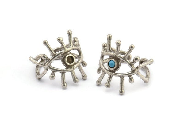 Silver Eye Ring, Antique Silver Plated Brass Eye Ring With 1 Stone Settings - Pad Size 3mm N1892 H1554