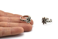 Silver Ring Setting, 2 Antique Silver Plated Brass Flower Ring With 1 Stone Settings - Pad Size 4mm N2019 H1449