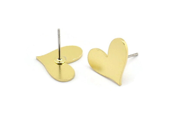 Brass Heart Earring, 8 Raw Brass Heart Shaped Stud Earrings (12x14x0.80mm) A2822