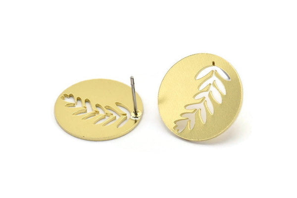 Brass Round Earring, 8 Raw Brass Branch Patterned Round Shaped Stud Earrings (18x0.80mm) A2837