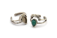 Silver Ring Settings, 3 Antique Silver Plated Brass Drop Ring With 1 Stone Setting - Pad Size 9x6mm V047 V077 H0614