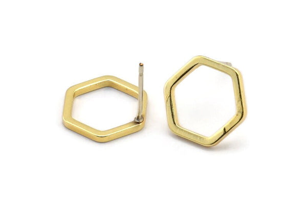 Gold Hexagon Earring, 8 Gold Plated Brass Hexagon Stud Earrings (12x1.5mm) D1543