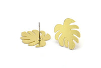 Brass Leaf Earring, 8 Raw Brass Monstera Leaves Shaped Stud Earrings (16x15x0.60mm) A2924