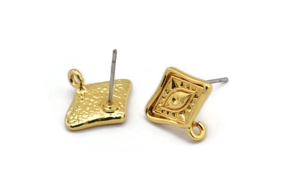 Gold Eye Earring, 2 Gold Plated Brass Eye Stud Earrings With 1 Loop (14mm) N1641 H1161