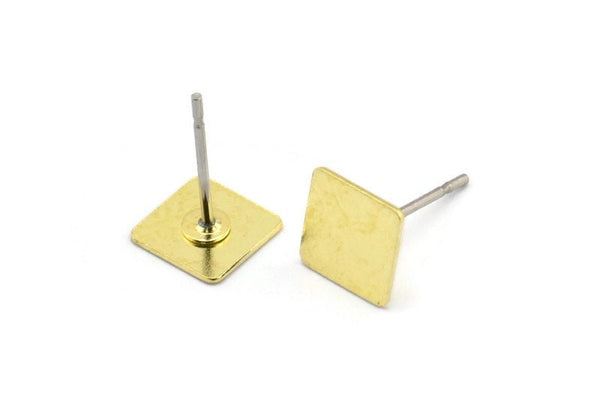 Brass Square Earring, 12 Raw Brass Square Stud Earrings (7mm) B0198 A1683