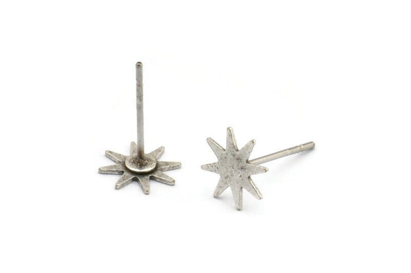 Silver Star Earring, 6 Antique Silver Plated Brass Star Stud Earrings (7x0.60mm) D1188 A1107 H1192
