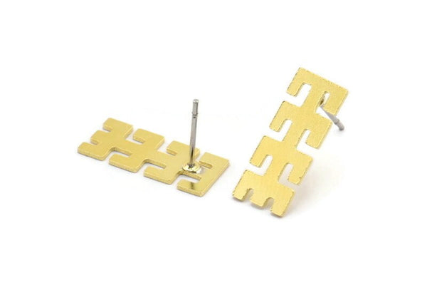 Earring Studs, 10 Raw Brass - Ethnic Motif Shaped Stud Earrings - Brass Earrings - Earrings (18x7x0.60mm) A2633