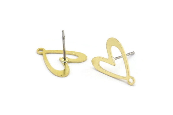 Brass Heart Earring, 12 Raw Brass Heart Shaped Stud Earrings With 1 Loop (14x12x0.60mm) A2946