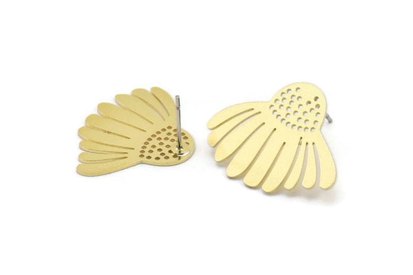 Brass Flower Earring, 6 Raw Brass Flower Shaped Stud Earrings (20x26x0.60mm) A2943