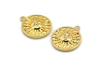 Gold Sun Charm, 2 Gold Plated Brass Sun Charms With 1 Loop, CZ Pave Charms, Zircon Sun Charms (22x18mm) SY0307