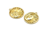 Gold Sun Charm, 2 Gold Plated Brass Moon And Sun Charms With 1 Loop, CZ Pave Charms, Zircon Moon Charms (21x19mm) SY0310