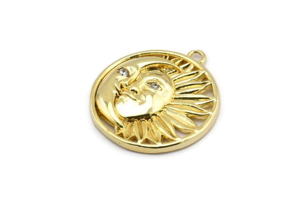 Gold Sun Charm, 2 Gold Plated Brass Moon And Sun Charms With 1 Loop, CZ Pave Charms, Zircon Moon Charms (21x19mm) SY0310