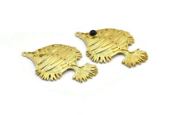 Brass Fish Charm,  Raw Brass Fish Pendants With 1 Hole And Stone Setting -  Pad Size 4mm (46x29mm) N1312