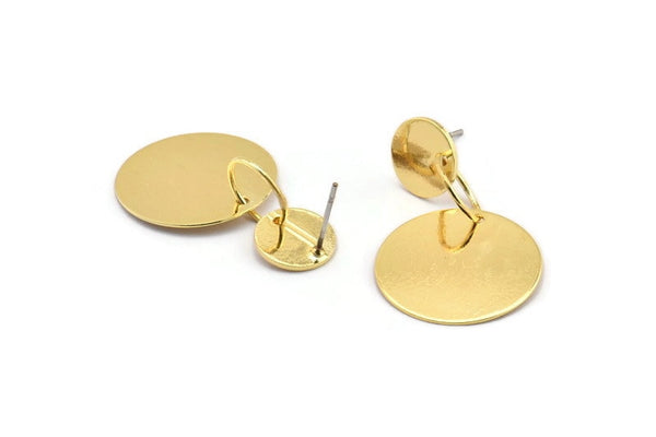 Gold Circle Earring, 2 Gold Plated Brass Round Shaped Stud Earrings (37mm) SY0344