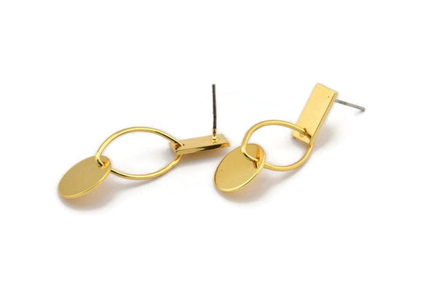 Earring Studs, 2 Gold Plated Brass - Geometric Earrings - Gold Earrings - Earrings (40mm) SY0331