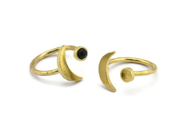 Brass Ring Settings, 3 Raw Brass Moon And Planet Ring With 1 Stone Setting - Pad Size 4mm N0799