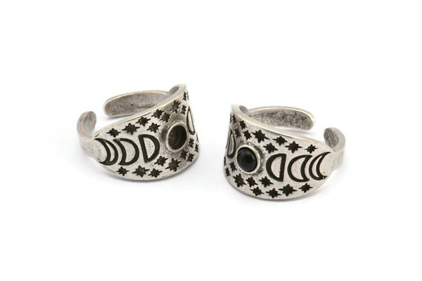 Silver Ring Settings, Antique Silver Plated Brass Moon Phases Shaped Ring With 1 Stone Setting - Pad Size 4mm N2003 H1457