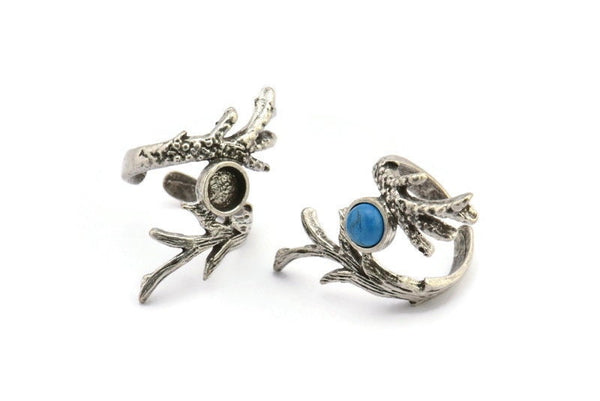 Silver Branch Ring, Antique Silver Plated Brass Branch Rings With 1 Stone Settings - Pad Size 6mm N1958 H1491