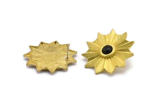 Brass Badge Earring, 2 Raw Brass Rosette Stud Earrings - Pad Size 6mm (34mm) N0773