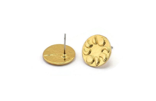 Gold Round Earring, 2 Gold Plated Brass Moon Phases Shaped Round Stud Earrings (14x1.5mm) N1851