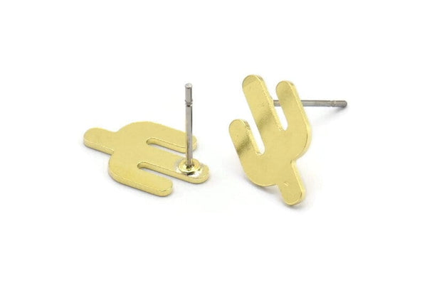 Brass Cactus Earrings, 12 Raw Brass Cactus Stud Earrings (14x9x0.90mm) M02614 A2591