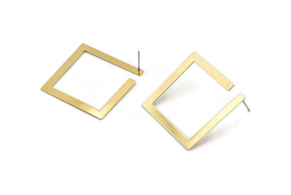 Gold Square Earring, 2 Gold Plated Brass Square Earring Posts, Pendants, Findings (30x30x3x0.5mm) E326 Q0668
