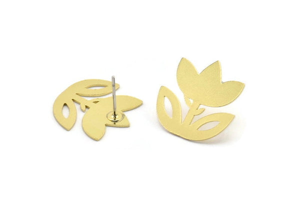 Brass Flower Earring, 8 Raw Brass Tulip Flower Shaped Stud Earrings (18x18x0.60mm) A2963