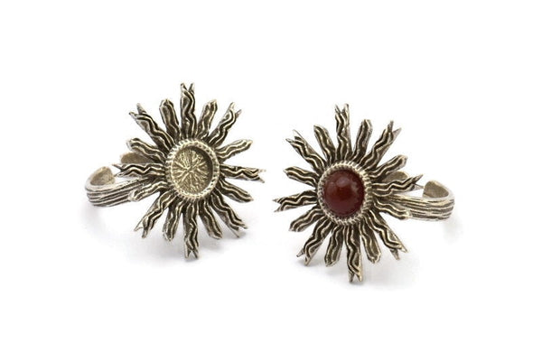 Silver Ring Settings, 2 Antique Silver Plated Brass Sun Ring With 1 Stone Setting - Pad Size 6mm N0838 H0981