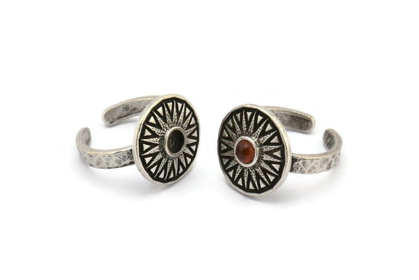 Silver Ring Settings, Antique Silver Plated Brass Sun Ring With 1 Stone Setting - Pad Size 4mm N2016 H1447