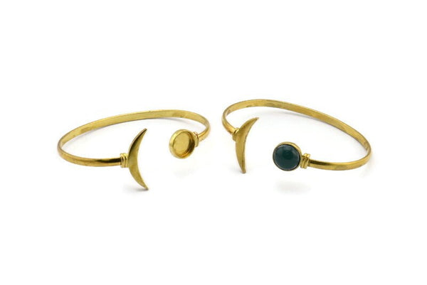 Brass Moon Cuff,  Raw Brass Moon And Planet Cuff Stone Setting With 1 Pad -  Pad Size 10mm N0979