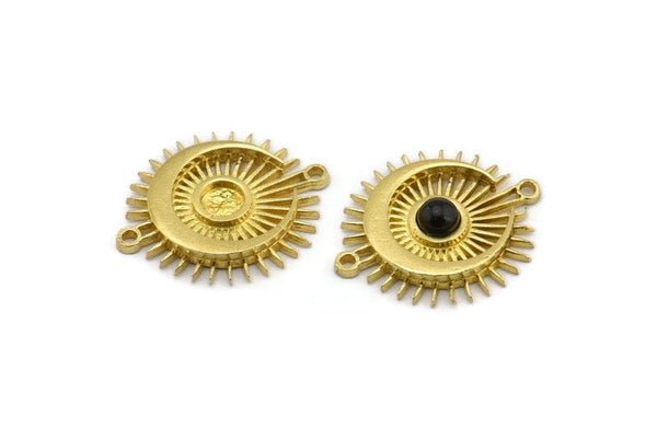 Moon and Sun, 4 Raw Brass, Brass Moon, Brass Sun, Brass Charm, Brass Pendant, Brass Connectors With 2 Loops - Pad Size 4mm (22x19mm) N1372