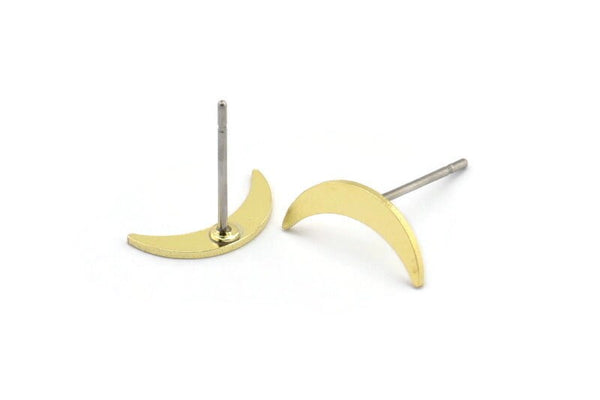 Brass Moon Earring, 12 Raw Brass Tiny Crescent Moon Shaped Stud Earrings (12x3x0.60mm) A2996