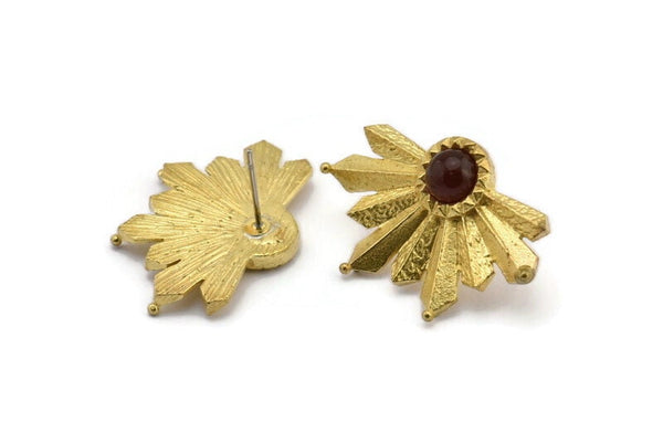 Brass Badge Earring, 2 Raw Brass Rosette Stud Earrings - Pad Size 6mm (31x21mm) N0778