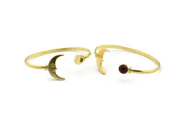 Brass Moon Cuff, Raw Brass Moon Cuff Stone Setting With 1 Pad -  Pad Size 8mm N1584