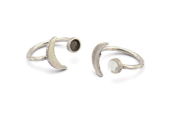 Silver Ring Settings, 3 Antique Silver Plated Brass Moon And Planet Ring With 1 Stone Setting - Pad Size 5mm N0821 H0978