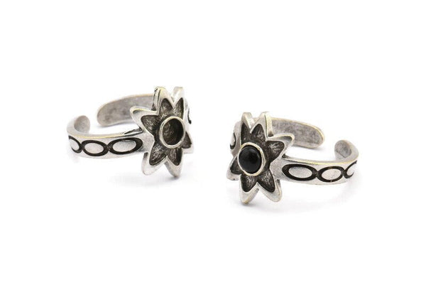 Silver Ring Setting, 2 Antique Silver Plated Brass Flower Ring With 1 Stone Settings - Pad Size 4mm N2019 H1449