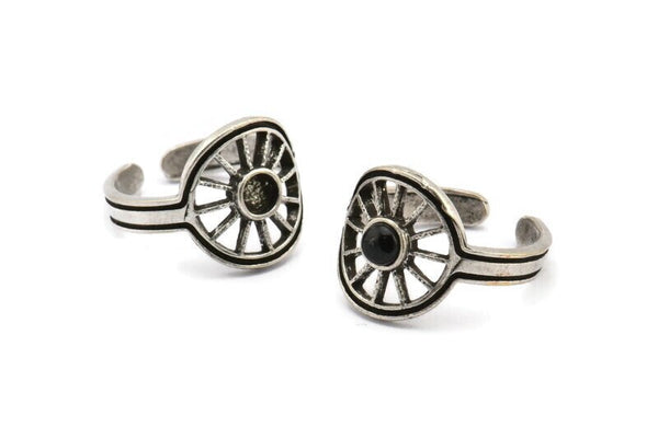Silver Ring Settings, 2 Antique Silver Plated Brass Sun Rings With 1 Stone Setting - Pad Size 4mm N2004 H1456