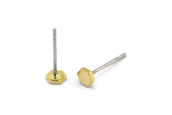 Brass Hexagon Earring, 12 Raw Brass Hexagon Stud Earrings (4x0.80mm) D1212 A1237