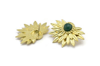 Brass Sunflower Earring, 2 Raw Brass Sunflower Badge Stud Earrings - Pad Size 8mm (39x25mm) N0766