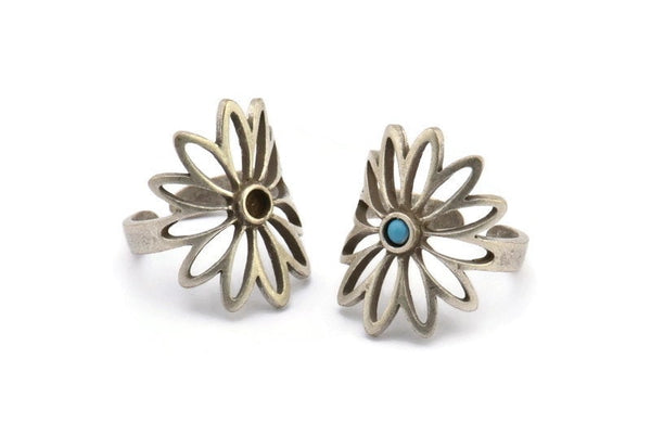 Silver Flower Ring, Antique Silver Plated Brass Flower Rings With 1 Stone Settings - Pad Size 3mm N1849 H1490