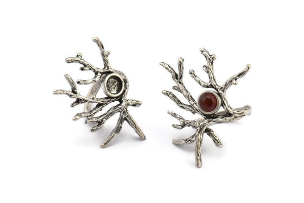 Silver Branch Ring, Antique Silver Plated Brass Branch Ring With 1 Stone Settings - Pad Size 6mm N2012 H1459